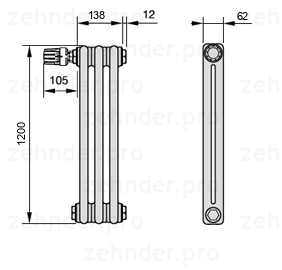 Схема (чертеж) Радиатор Zehnder Charleston 2120/3 №V011 Белый глянцевый RAL 9016